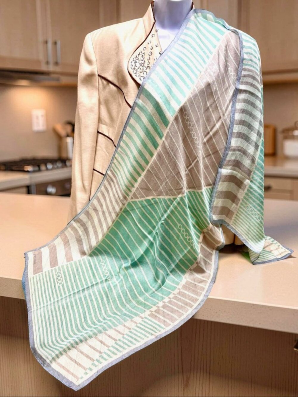 Beautiful Pierre Cardin Paris satin scarf 66"x20" Teal green white stripe(29